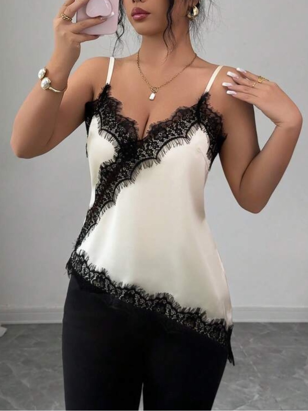 Lace Trim Satin Cami Top - Cream and Black